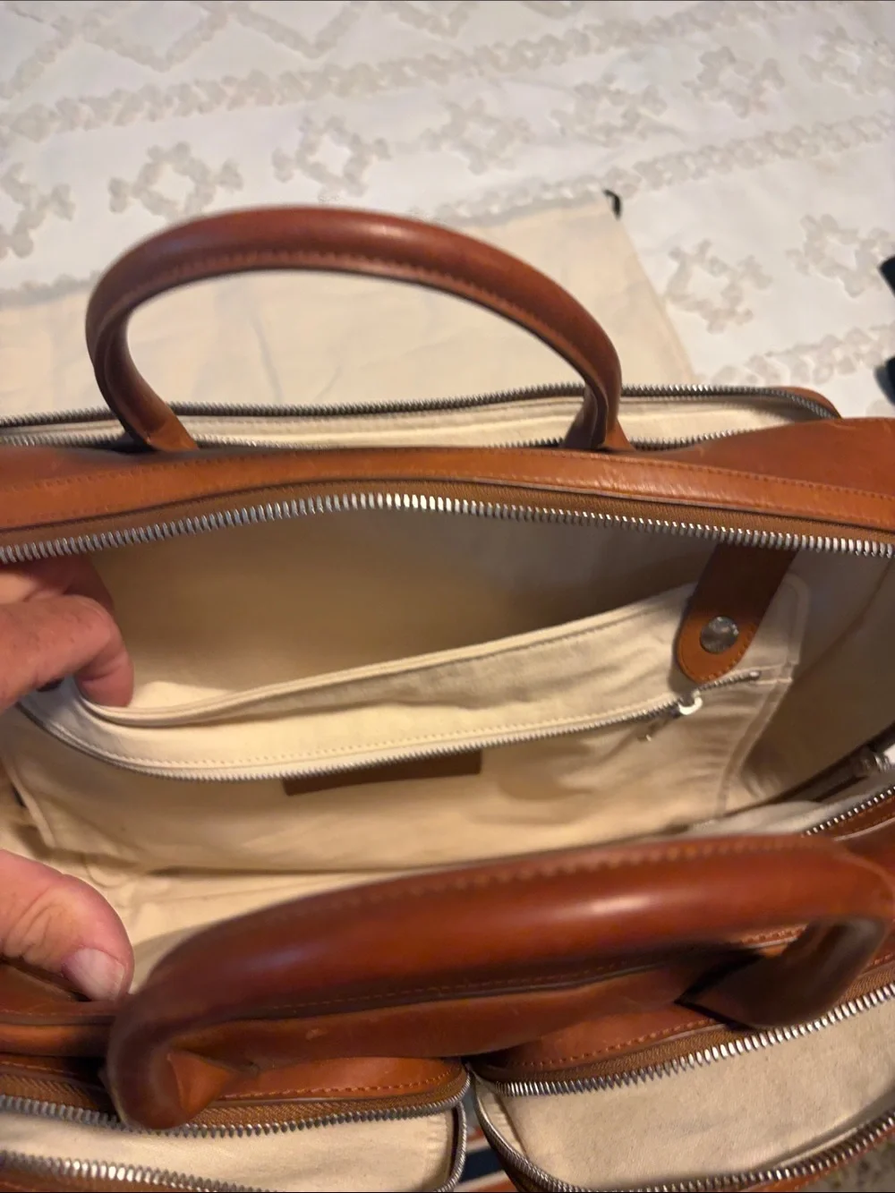 Shinola Cognac Leather Briefcase with Striped Shoulder Strap